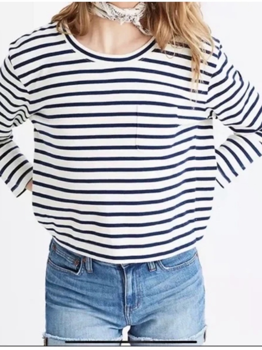 Madewell Navy & White Striped Long Sleeve Pocket Tee